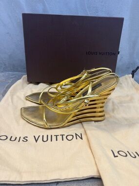Louis Vuitton Metallic Gold Strappy Wedge Sandals